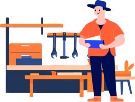 Hand Drawn Technician or engineer with engine in factory in flat style png