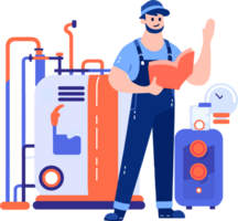 Hand Drawn Technician or engineer with engine in factory in flat style png