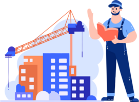 Hand Drawn Engineer or architect with building under construction in flat style png