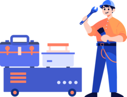 Hand Drawn Technician or engineer with toolbox in flat style png