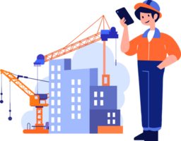 Hand Drawn Engineer or architect with building under construction in flat style png