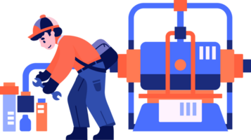 Hand Drawn Technician or engineer with engine in factory in flat style png