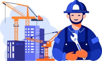 Hand Drawn Engineer or architect with building under construction in flat style png