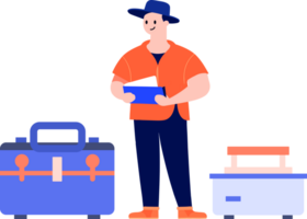 Hand Drawn Technician or engineer with toolbox in flat style png