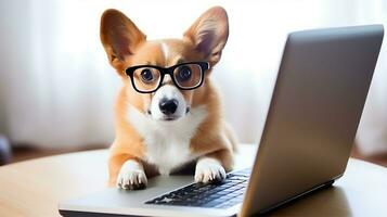 Corgi, funny dog and laptop, cute pet with glasses. Generative AI photo