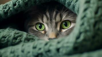 Cat nestled inside a knitted woolen blanket, only its twinkling eyes visible, a picture of warmth. Generative AI photo