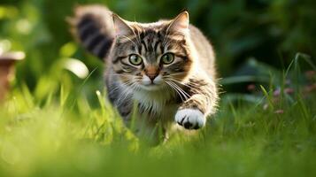 un energético gato capturado medio - saltar, ojos bloqueado sobre sus invisible presa, en contra un jardín fondo. generativo ai foto