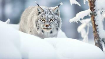 A wild lynx, its tufted ears perked, camouflaged against the snowy wilderness, watching intently. Generative AI photo