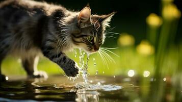 Cat sipping water each droplet caught in mid - air, a dance of thirst and precision. Generative AI photo