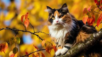 calicó gato encaramado en un rama, sus multicolor piel mezcla con otoño follaje. generativo ai foto