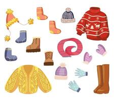 Set of winter time attributes. Drawings of warm clothes, accessories. Hand drawn vector illustrations. Cartoon cliparts collection isolated on white. Elements for design, prints, stickers, decor, card