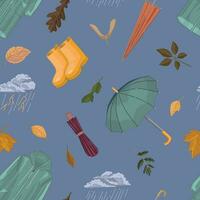 Rainy weather attributes vector seamless pattern. Ornament of raincoat, rubber boots, umbrellas, thunder clouds, fallen leaves. Cartoon style design.