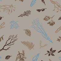 Autumn botany vector seamless pattern. Ornament of fallen leaves, branches, berry twigs. Hand drawn retro style design for background, wallpaper, decor.