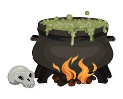 Boiling witch's cauldron doodle. Single clipart of witchcraft item isolated on white. Halloween colored vector illustration in cartoon style.