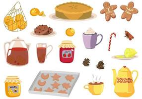 Set of cozy winter time attributes. Drawings of homemade foods, bakery, hot beverages. Hand drawn vector illustrations. Cartoon cliparts collection isolated on white. Elements for design, print, decor