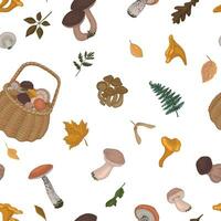 Autumn harvest vector seamless pattern. Ornament of edible mushrooms, fallen leaves. Cartoon style design for background, wallpaper, decor.