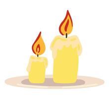 Two burning candles. Colored cartoon doodle of winter attribute. Hand drawn vector illustration. Single drawing isolated on white background. Element for Christmas design, print, sticker, card, decor.