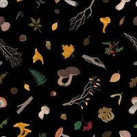 Autumn theme vector seamless pattern. Ornament of mushrooms, fallen leaves, bare branches, berries twigs. Cartoon style design for background, wallpaper, decor.