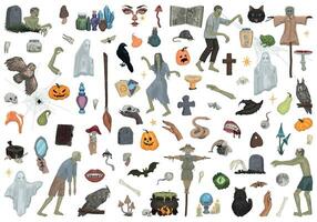 Halloween clip arts collection. Zombies, witchcraft, spooky animals, ghosts, occult items. Colored vector illustration in cartoon style. Spooky doodles isolated on white background.