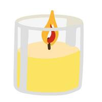 Burning candle. Colored cartoon doodle of winter attribute. Hand drawn vector illustration. Single drawing isolated on white background. Element for Christmas design, print, sticker, card, decor, wrap