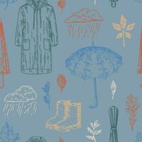 Rainy weather attributes vector seamless pattern. Ornament of raincoat, rubber boots, umbrellas, thunder clouds, fallen leaves. Hand drawn retro style design.