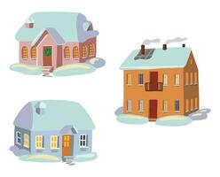 Set of cozy winter time houses. Colored drawings of snow-covered houses. Hand drawn vector illustrations. Cartoon cliparts collection isolated on white. Elements for design, print, decor, stickers.