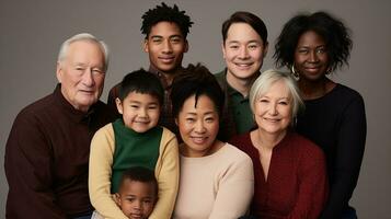 un familia retrato exhibiendo miembros de diferente siglos, Razas, y orientaciones. generativo ai foto