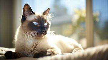 Siamese cat lounging on a sunlit windowsill, its sleek coat and blue almond - shaped eyes shining. Generative AI photo