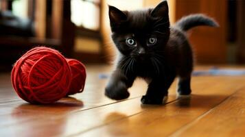 negro gatito en broma persiguiendo un rojo pelota de hilo en un madera dura piso. generativo ai foto