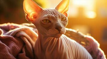 A hairless Sphynx cat enjoying a warm sunbath, its textured skin absorbing the golden rays. Generative AI photo