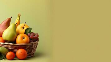 A basket of fresh fruit. Web banner with copy space. Generative AI photo