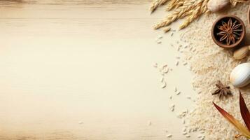 Rice on the table. Web banner with copy space. Generative AI photo