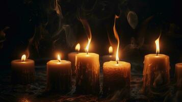 Candles flickering in a dark and dusty room photo