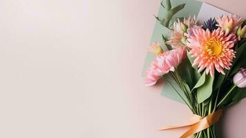 un ramo de flores de flores con un etiqueta, para madres día, cumpleaños, San Valentín día, romántico regalo. web bandera con Copiar espacio. generativo ai foto