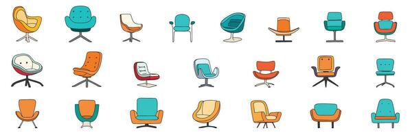 Large collection of modern chair isolated on white background. Modern armchairs colored outline. Vector illustration.