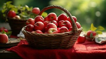 Ripe red apples in a basket on a wooden table in the garden photo