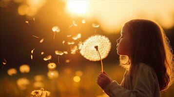 niña soplo diente de león semillas, haciendo un deseo en el dorado ligero de puesta de sol. generativo ai foto