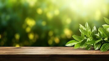 Wooden garden table, green leaves, spring or summer background. Generative AI photo