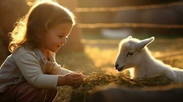 niño en un granja, el alegría de alimentación animales y comprensión el circulo de vida. generativo ai foto