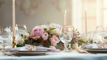 Banner presents a lavish dining table setup, with porcelain plates, crystal glasses, candles, and a floral centerpiece. Generative AI photo