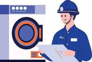 Hand Drawn washing machine repair technician in flat style vector