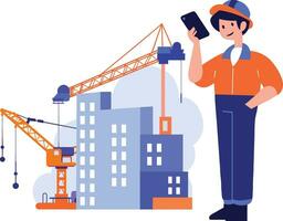 Hand Drawn Engineer or architect with building under construction in flat style vector