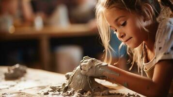 Child sculpting with clay, fingers molding the soft material, creativity taking form. Generative AI photo