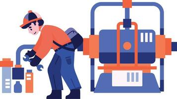 Hand Drawn Technician or engineer with engine in factory in flat style vector