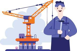 Hand Drawn Engineer or architect with building under construction in flat style vector