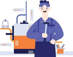 Hand Drawn Technician or engineer with engine in factory in flat style vector