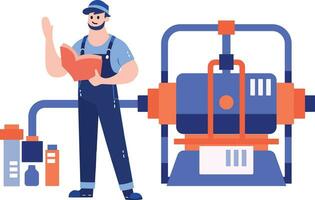 Hand Drawn Technician or engineer with engine in factory in flat style vector