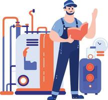 Hand Drawn Technician or engineer with engine in factory in flat style vector