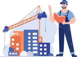 Hand Drawn Engineer or architect with building under construction in flat style vector