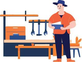 Hand Drawn Technician or engineer with engine in factory in flat style vector